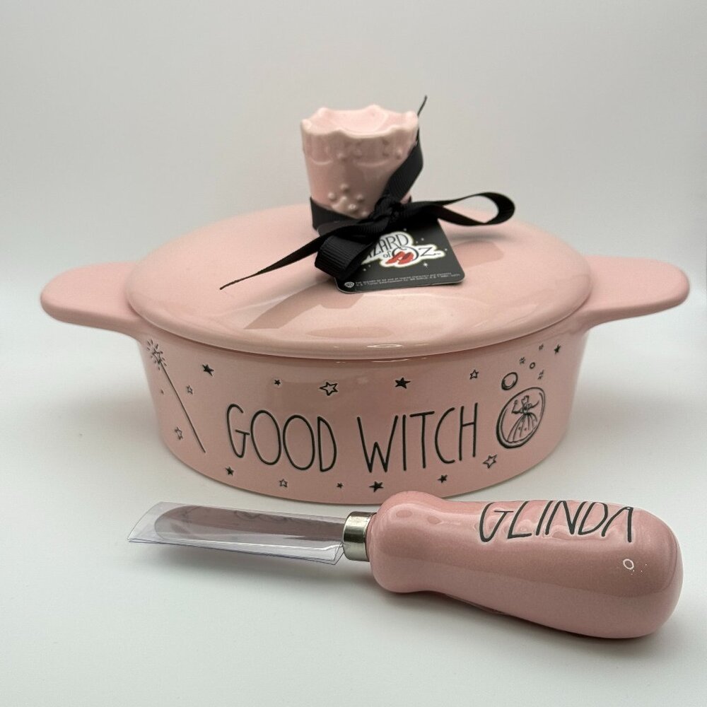 Good Witch brie baker and knife set by Rae Dunn | Pink ceramic brie baker set